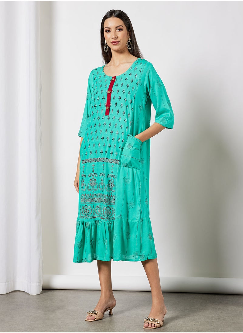 HANA & SARA - All Over Printed Round Neck Three Quarter Sleeve Jalabiya With Facemask - Image 1
