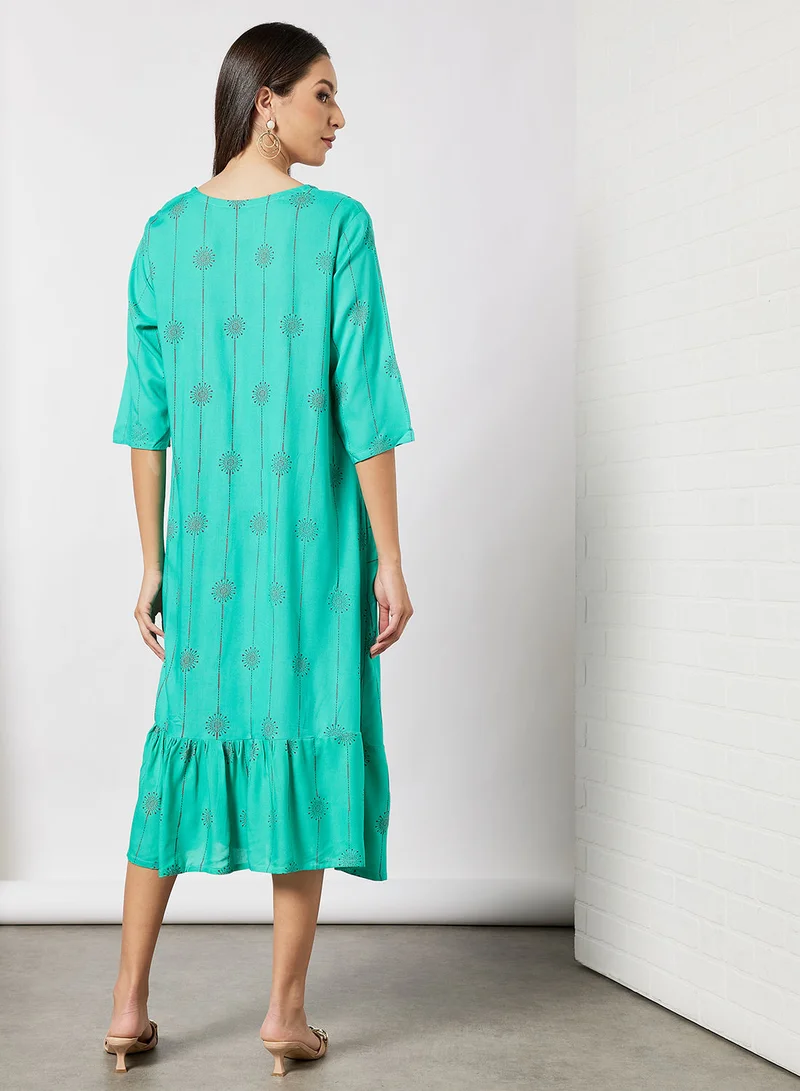 HANA & SARA All Over Printed Round Neck Three Quarter Sleeve Jalabiya With Facemask