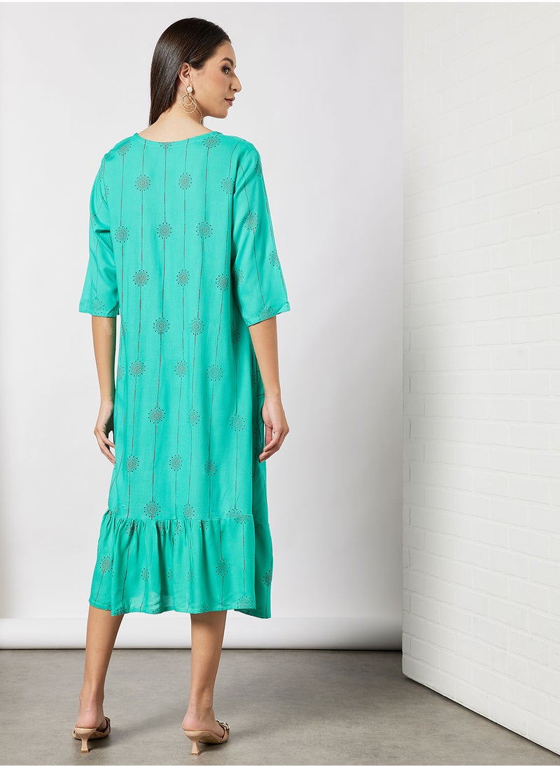 HANA & SARA - All Over Printed Round Neck Three Quarter Sleeve Jalabiya With Facemask - Image 1