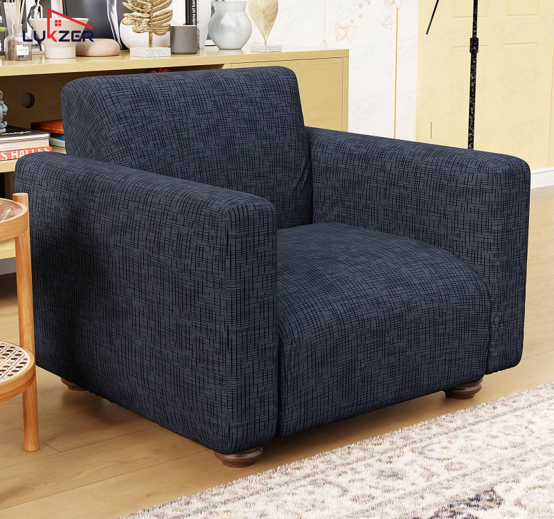 Lukzer 1 Seater Dark Blue Lining Design Universal Sofa Cover | 360° Fully Covered Anti-Slip Washable Couch Cover Protecter | 140 GSM Stretch Fit Polyester + Spandex Slipcover (90-140cm/SC-023-01) - Image 4