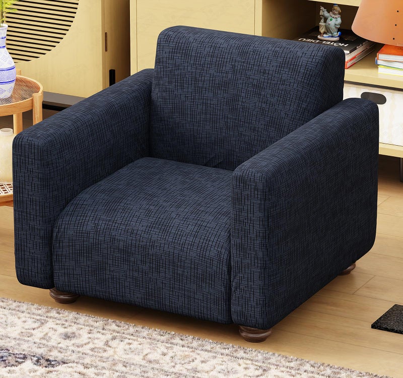 Lukzer 1 Seater Dark Blue Lining Design Universal Sofa Cover | 360° Fully Covered Anti-Slip Washable Couch Cover Protecter | 140 GSM Stretch Fit Polyester + Spandex Slipcover (90-140cm/SC-023-01) - Image 1
