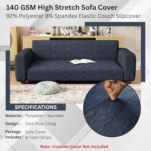 Lukzer 1 Seater Dark Blue Lining Design Universal Sofa Cover | 360° Fully Covered Anti-Slip Washable Couch Cover Protecter | 140 GSM Stretch Fit Polyester + Spandex Slipcover (90-140cm/SC-023-01) - Image 5