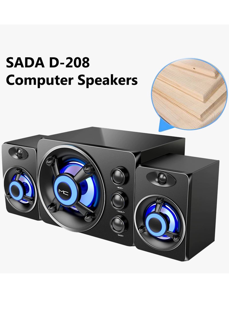 SADA مجموعة مكبرات صوت منزلية 3 في 1 من SADA D-208، مكبر صوت فائق الجهير مع إضاءة LED ملونة ومكبرات صوت سلكية مقاس 3.5 مم ومنفذ USB  - Image 3