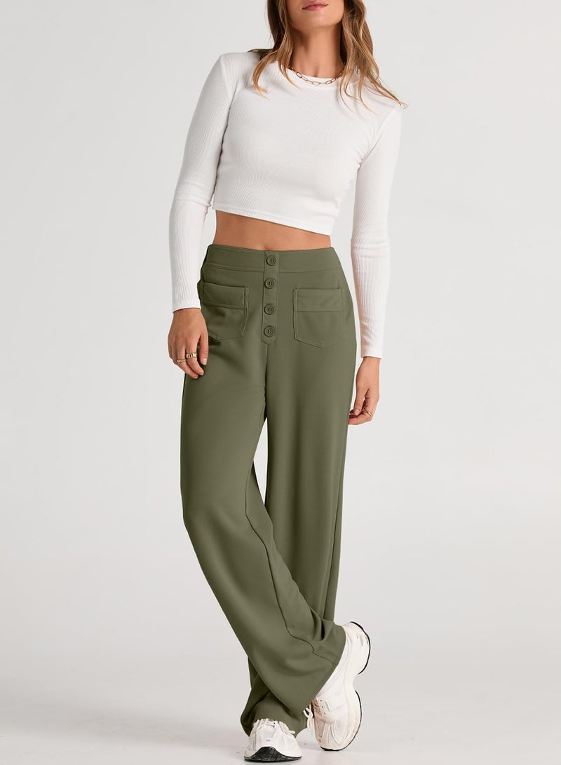 EVALESS Womens High Waist Button Stretchy Work Pants Straight Leg Formal Office Ladies Dress Pant Business Casual Trousers Knit Comfy Loose Travel Slacks Cute 2026 Womens Pants with Pocket Green X-Large - Image 2