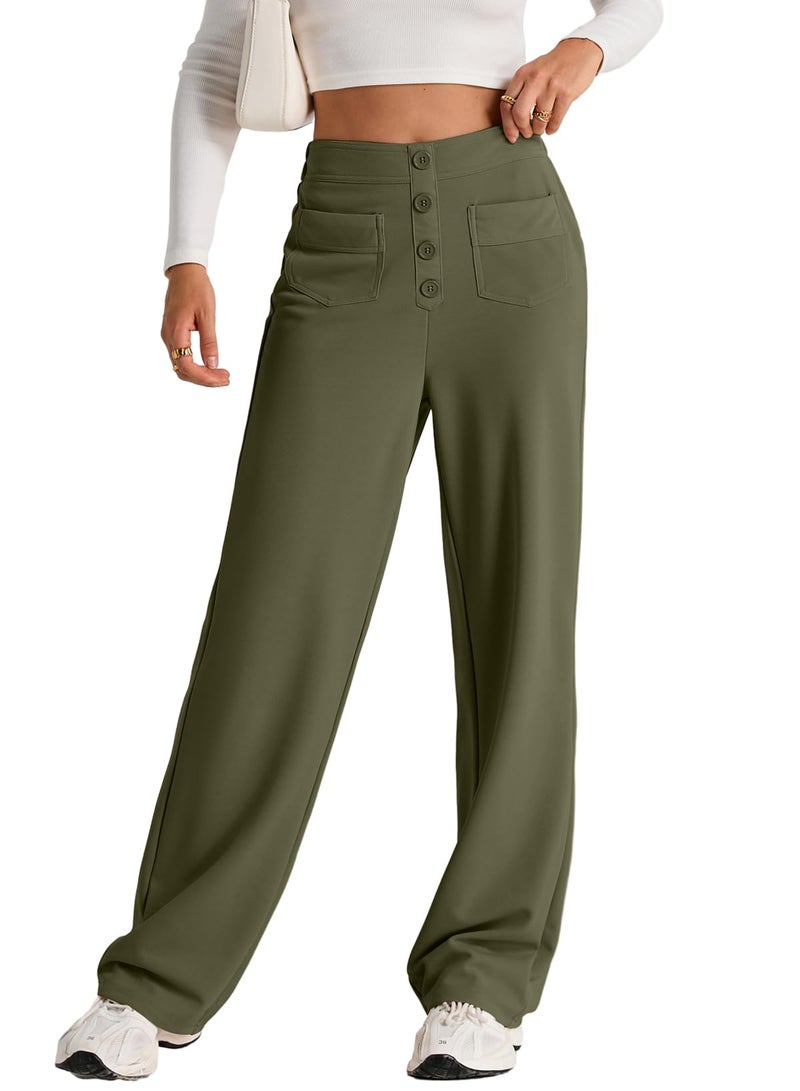 EVALESS Womens High Waist Button Stretchy Work Pants Straight Leg Formal Office Ladies Dress Pant Business Casual Trousers Knit Comfy Loose Travel Slacks Cute 2026 Womens Pants with Pocket Green X-Large - Image 1