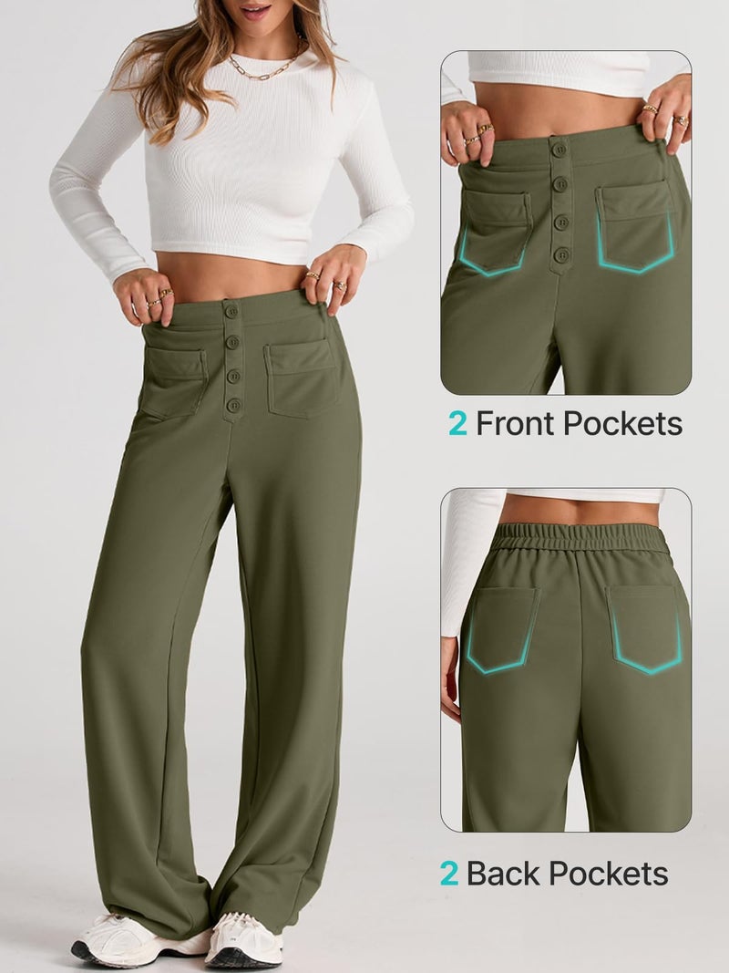 EVALESS Womens High Waist Button Stretchy Work Pants Straight Leg Formal Office Ladies Dress Pant Business Casual Trousers Knit Comfy Loose Travel Slacks Cute 2026 Womens Pants with Pocket Green X-Large - Image 3