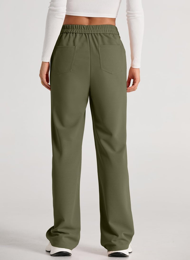 EVALESS Womens High Waist Button Stretchy Work Pants Straight Leg Formal Office Ladies Dress Pant Business Casual Trousers Knit Comfy Loose Travel Slacks Cute 2026 Womens Pants with Pocket Green X-Large - Image 5