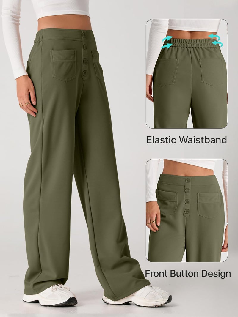 EVALESS Womens High Waist Button Stretchy Work Pants Straight Leg Formal Office Ladies Dress Pant Business Casual Trousers Knit Comfy Loose Travel Slacks Cute 2026 Womens Pants with Pocket Green X-Large - Image 4