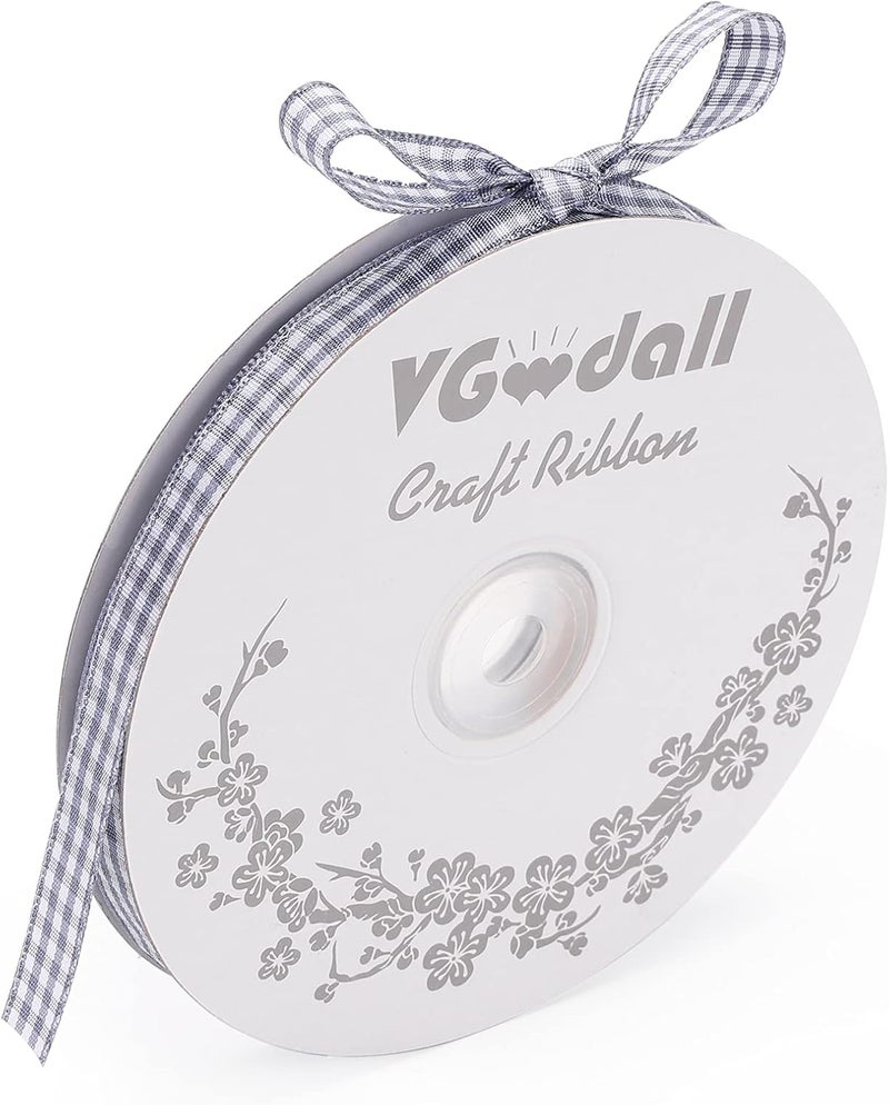 VGoodall Dark Grey Gingham Ribbon, 3/8 x 50Yd Picnic Craft Ribbon Dark Grey Ribbons for Hair Accessories Craft and Gift Wrapping - Image 1