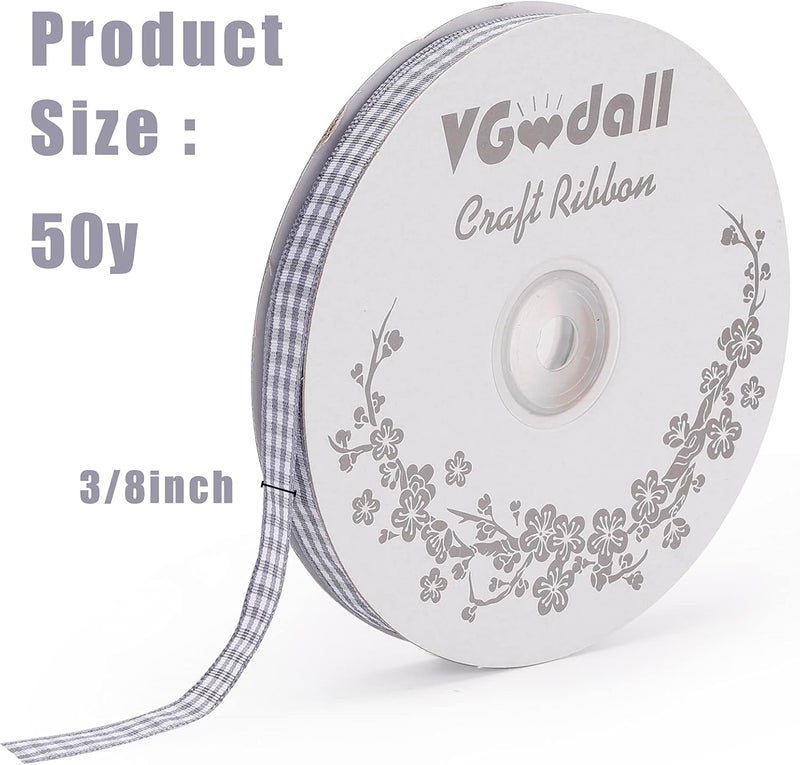 VGoodall Dark Grey Gingham Ribbon, 3/8 x 50Yd Picnic Craft Ribbon Dark Grey Ribbons for Hair Accessories Craft and Gift Wrapping - Image 2