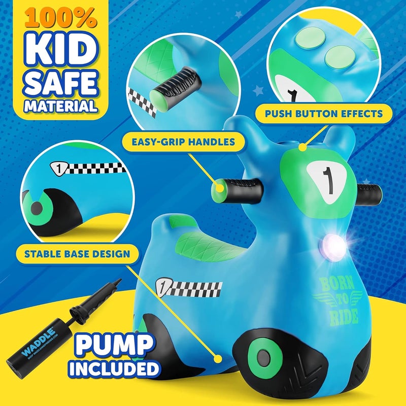 WADDLE Bouncy Hopper Inflatable Hopping Animal Scooter, Indoors and Outdoor for Toddlers and Kids, Pump Included, Boys and Girls Ages 2 Years and Up (Blue Zoomer) - Image 5