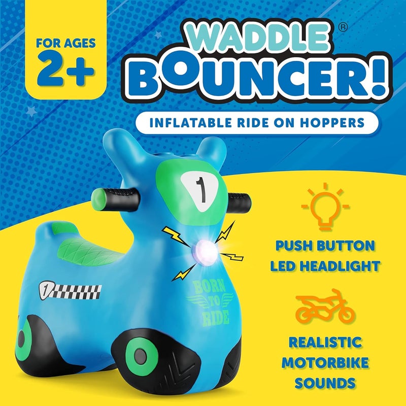 WADDLE Bouncy Hopper Inflatable Hopping Animal Scooter, Indoors and Outdoor for Toddlers and Kids, Pump Included, Boys and Girls Ages 2 Years and Up (Blue Zoomer) - Image 3