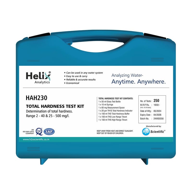 Helix Total Hardness test kit Quick and Easy Hard Water Test for soft water & Hard Water. Determination of Total Hardness Test Range 2-40, 25-500, mg/l as CaCO3 (250 Test) - Image 1