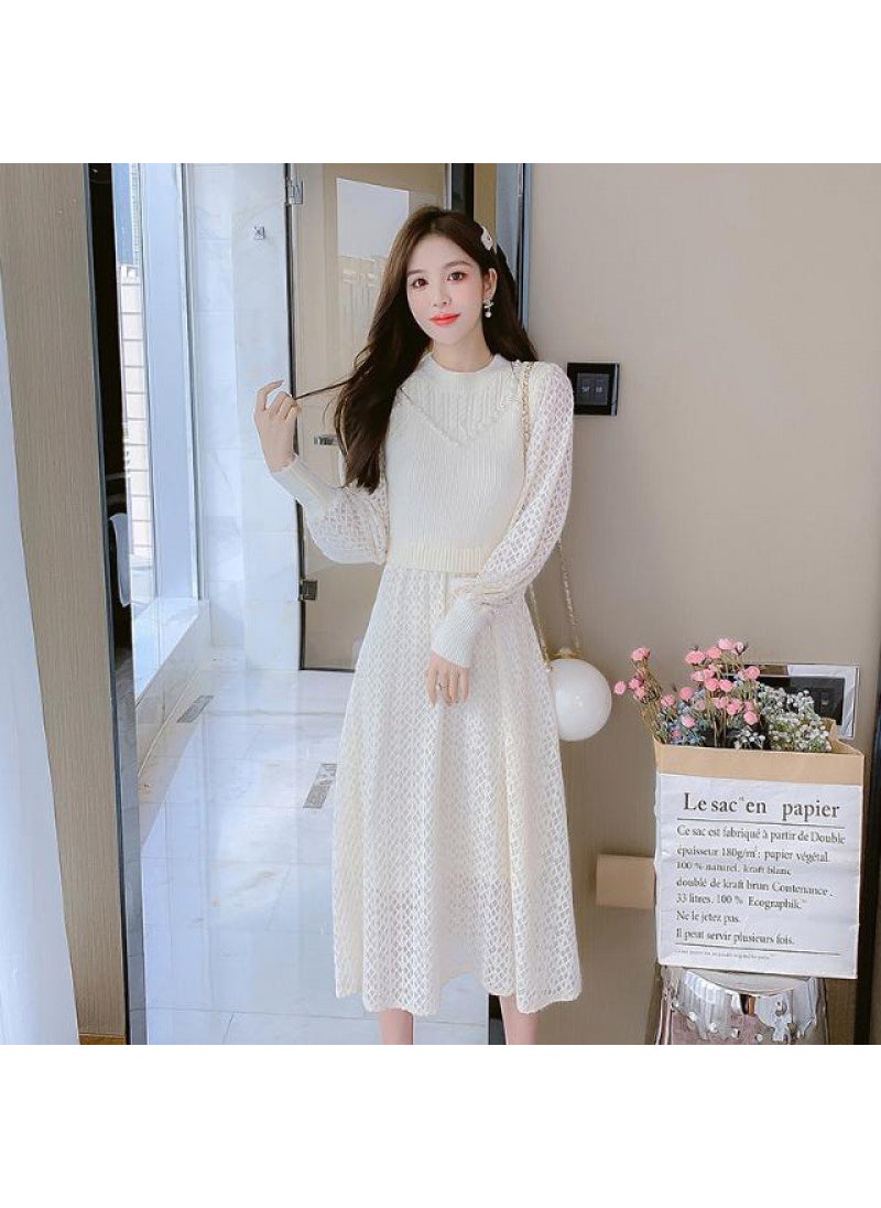Generic Knit Lace Patchwork Dress Gentle Base Layer Apricot regular model [no belt]] 