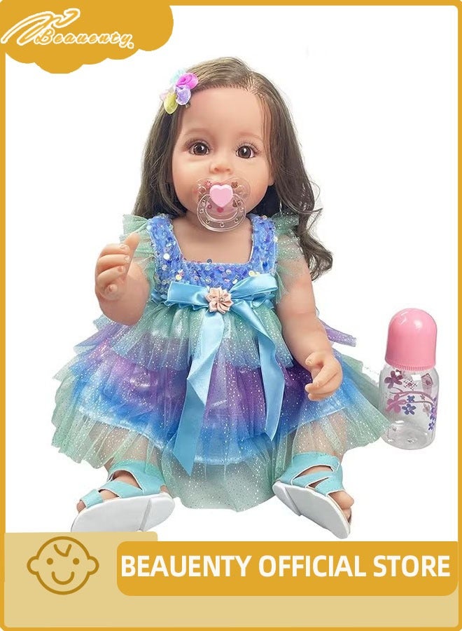 Beauenty Reborn Baby Dolls Girl 22" Beautiful Lifelike Doll Full Body Vinyl Silicone With Long Hair for Kids Realistic Newborn Baby Doll with Feeding Toy for - Image 1
