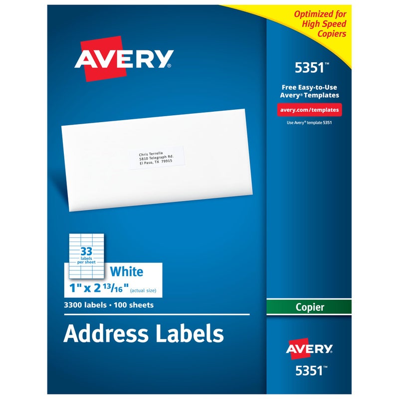 Avery Printable Address Labels for Copiers, 1" x 2-13/16", White, 3,300 Blank Mailing Labels (05351) - Image 1