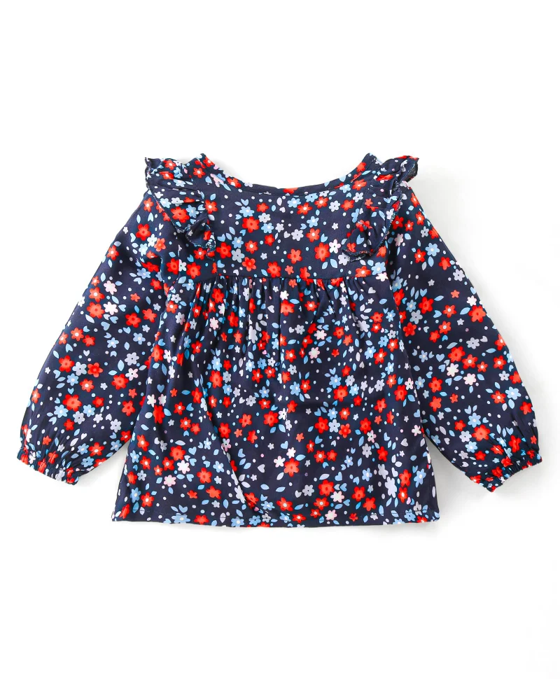 babyhug Babyhug Rayon Knit Full Sleeves Frill Top With Floral Print - Navy Blue
