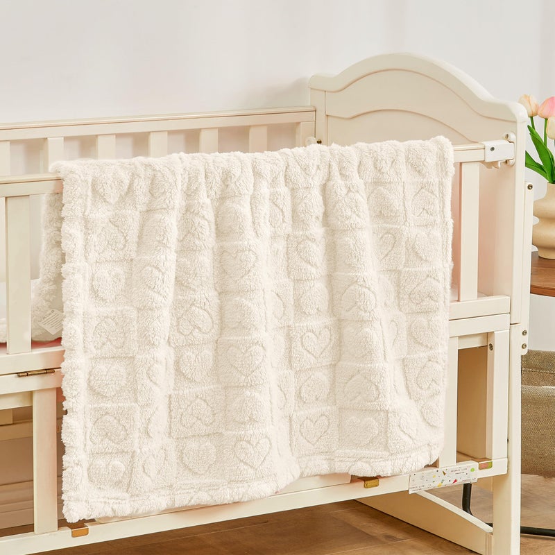Yurhap Fleece Baby Blanket Heart Checkered Blanket, Ultra Soft Cozy Baby Blankets for Boys Girls, Fluffy Infant Toddler Newborn Receiving Blankets for Crib Stroller 30â€Ã—40â€ (Cream) - Image 2
