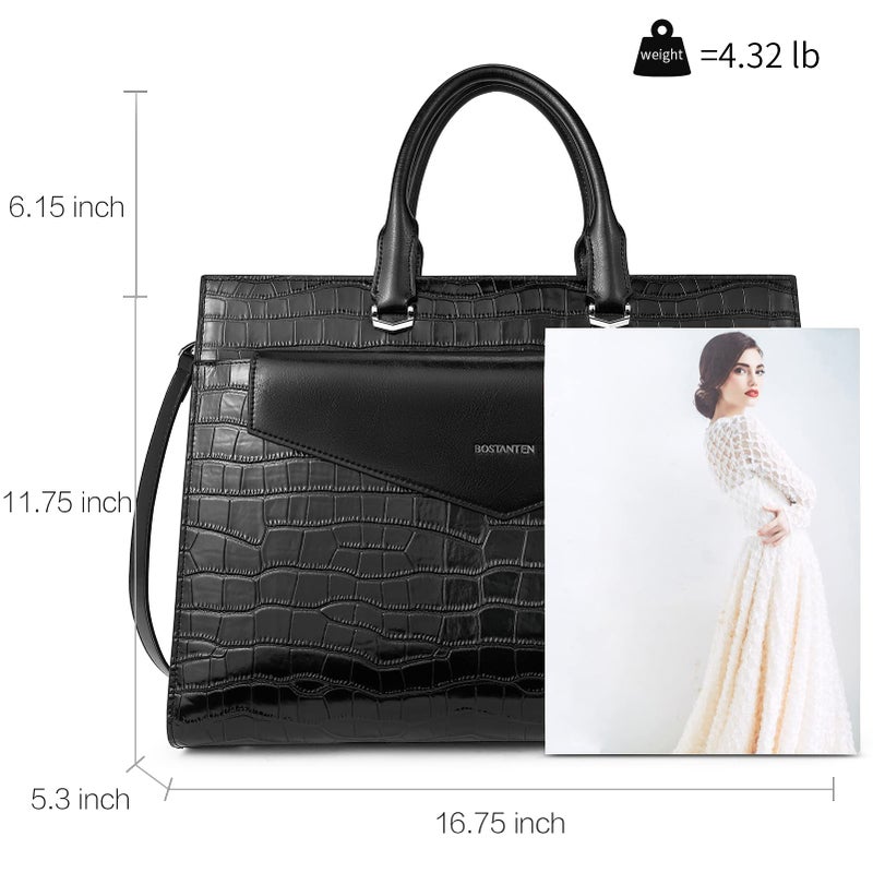 BOSTANTEN Laptop Briefcase for Women 15.6 Inch Tote Bag Genuine Leather Handbag Crocodile Pattern Work Bussiness Bag - Image 3