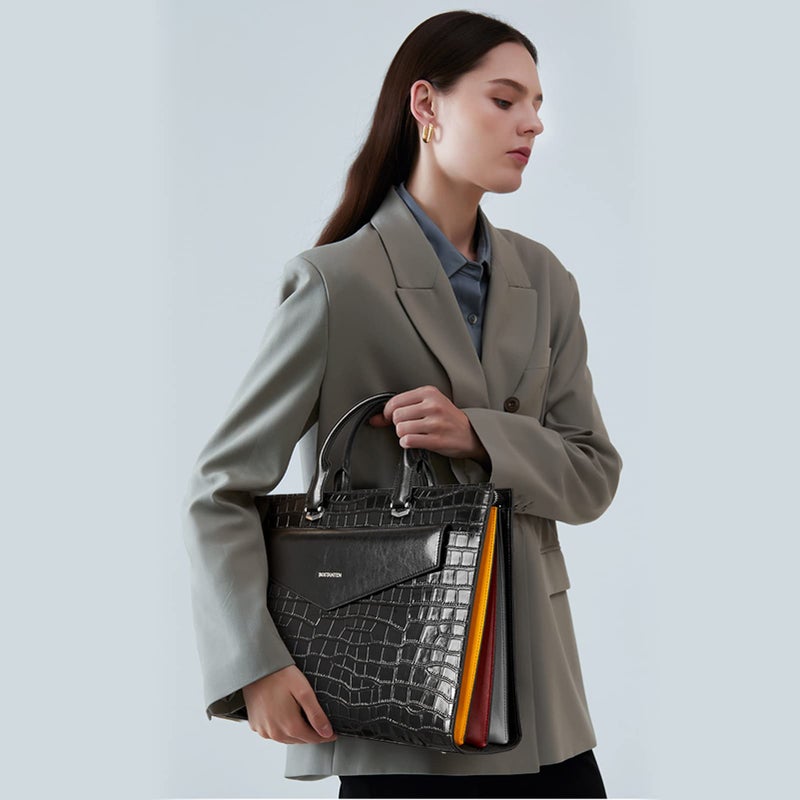 BOSTANTEN Laptop Briefcase for Women 15.6 Inch Tote Bag Genuine Leather Handbag Crocodile Pattern Work Bussiness Bag - Image 2