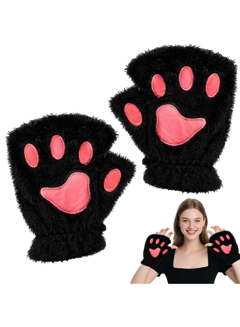 قفازات بدون أصابع على شكل مخلب قطة، قفازات حيوانات قطيفة على شكل دب فروي، إكسسوارات لطيفة لأزياء القطط في الهالوين للنساء - Image 1