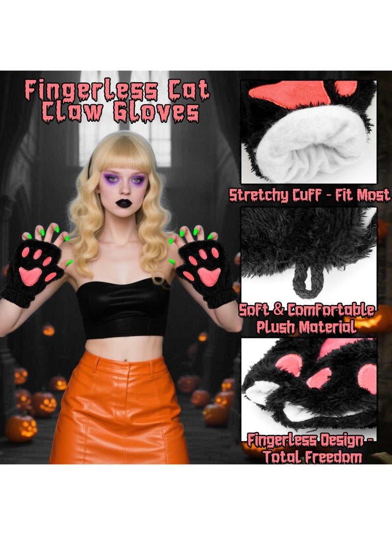 قفازات بدون أصابع على شكل مخلب قطة، قفازات حيوانات قطيفة على شكل دب فروي، إكسسوارات لطيفة لأزياء القطط في الهالوين للنساء - Image 3