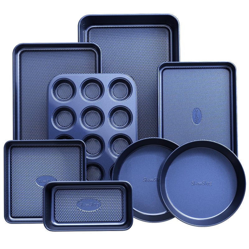 Slow Slog Baking Pans Set 8Piece Bakeware Sets Baking Sets for Cooking Nonstick Oven Pan Set Baking Sheet Set Cookie Sheets for Baking Muffin Pan Ceramic Coated Blue