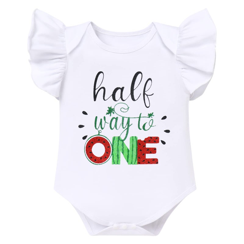 ODASDO Watermelon Outfits for Baby Girl 1/2 Birthday Half Way To One Smash Cake Photo Shooting Flutter Sleeve Cotton Romper Bodysuit Princess Tutu Tulle Skirt Leg Warmers Bowknot Headband Set 6 Months - Image 2