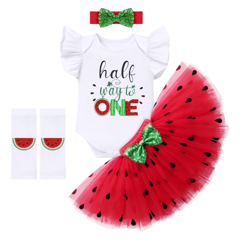 ODASDO Watermelon Outfits for Baby Girl 1/2 Birthday Half Way To One Smash Cake Photo Shooting Flutter Sleeve Cotton Romper Bodysuit Princess Tutu Tulle Skirt Leg Warmers Bowknot Headband Set 6 Months - Image 1