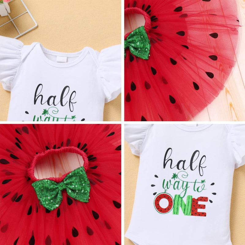 ODASDO Watermelon Outfits for Baby Girl 1/2 Birthday Half Way To One Smash Cake Photo Shooting Flutter Sleeve Cotton Romper Bodysuit Princess Tutu Tulle Skirt Leg Warmers Bowknot Headband Set 6 Months - Image 5