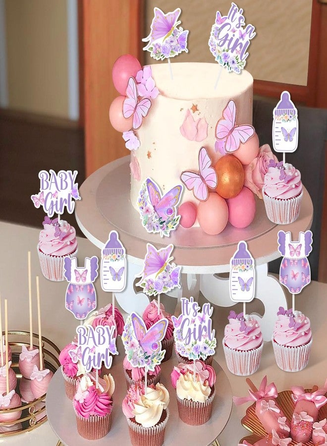 Balterever Purple Butterfly Baby Shower Cupcake Toppers Butterfly Baby Shower Decorations for Girl Purple It's A Girl Baby Girl Bday Decoration - Image 4