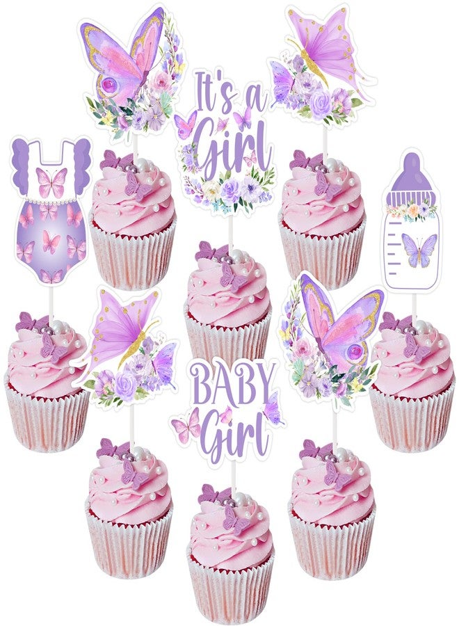 Balterever Purple Butterfly Baby Shower Cupcake Toppers Butterfly Baby Shower Decorations for Girl Purple It's A Girl Baby Girl Bday Decoration - Image 1