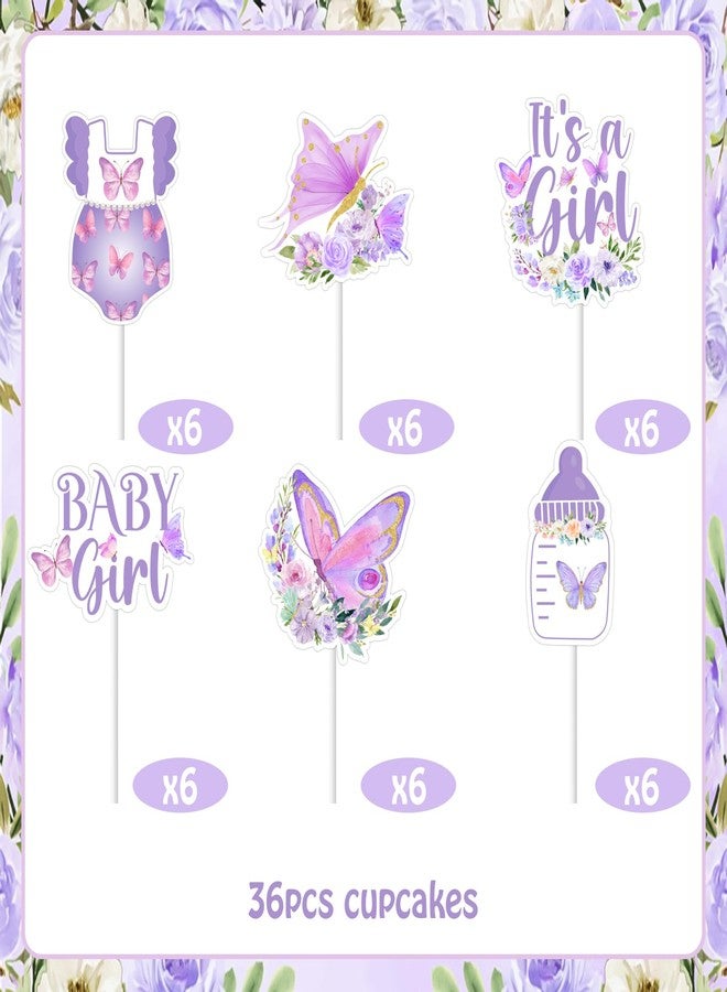 Balterever Purple Butterfly Baby Shower Cupcake Toppers Butterfly Baby Shower Decorations for Girl Purple It's A Girl Baby Girl Bday Decoration - Image 5