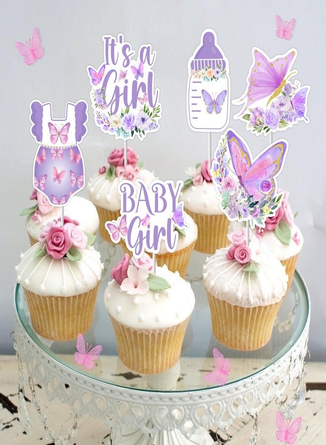 Balterever Purple Butterfly Baby Shower Cupcake Toppers Butterfly Baby Shower Decorations for Girl Purple It's A Girl Baby Girl Bday Decoration - Image 2