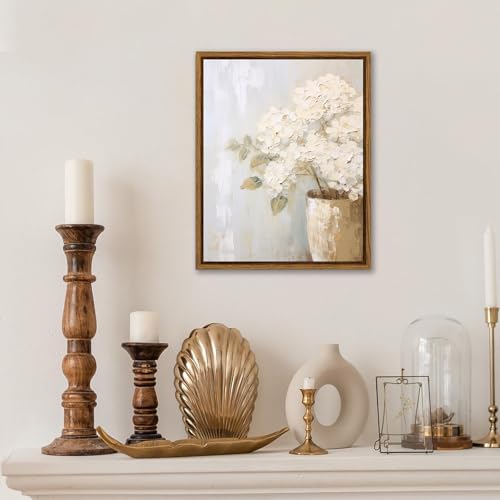 KBKBART Framed Wall Art Vintage, Farmhouse Decor White Hydrangeas Muted Vintage Floral Bathroom Canvas Painting, Flower Prints Canvas Wall Art for Bedroom, Living Room, Gallery, Vintage Wall Decor(8"x10") - Image 3