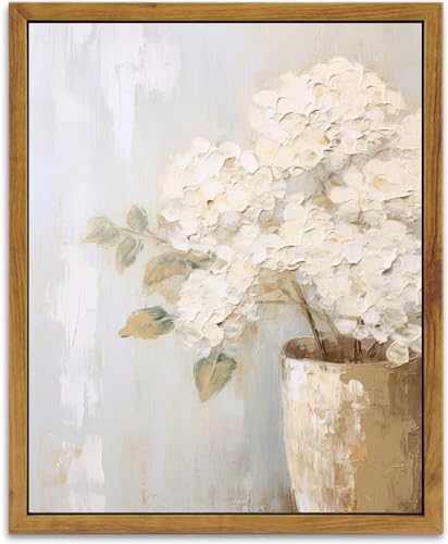 KBKBART Framed Wall Art Vintage, Farmhouse Decor White Hydrangeas Muted Vintage Floral Bathroom Canvas Painting, Flower Prints Canvas Wall Art for Bedroom, Living Room, Gallery, Vintage Wall Decor(8"x10") - Image 1