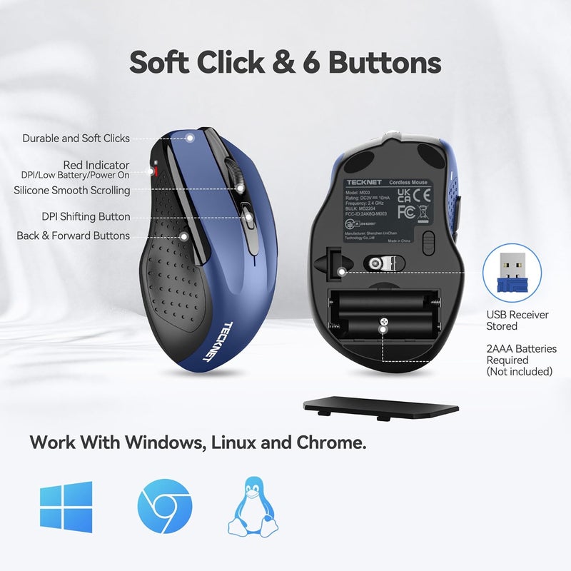 TECKNET Wireless Mouse, 2.4G Ergonomic Optical Mouse, Computer Mouse for Laptop, PC, Computer, Chromebook, Notebook, 6 Buttons, 24 Months Battery Life, 2600 DPI, 5 Adjustment Levels, Navy - Image 5