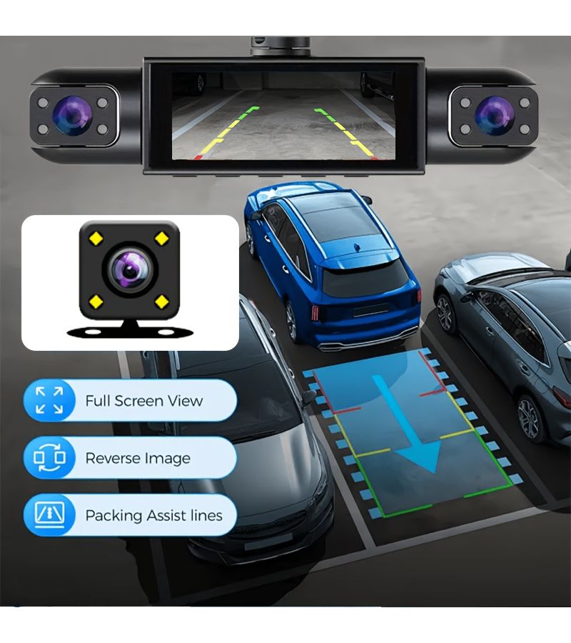 كاميرا أمامية رباعية 4K عالية الدقة مع شاشة IPS مقاس 3.16 بوصة، زاوية فائقة الاتساع 360 درجة، رؤية ليلية بالأشعة تحت الحمراء، تسجيل حلقي، مستشعر الجاذبية، كاميرا الرجوع للخلف، مراقبة الوقوف، مسجل فيديو للسيارة. - Image 2