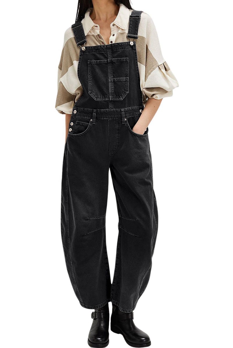 yoeasy Womens Denim Bib Overalls Barrel Wide Leg Baggy Adjustable Strap Denim Pants Jumpsuits with Pockets (XX-Large, Black) - Image 1