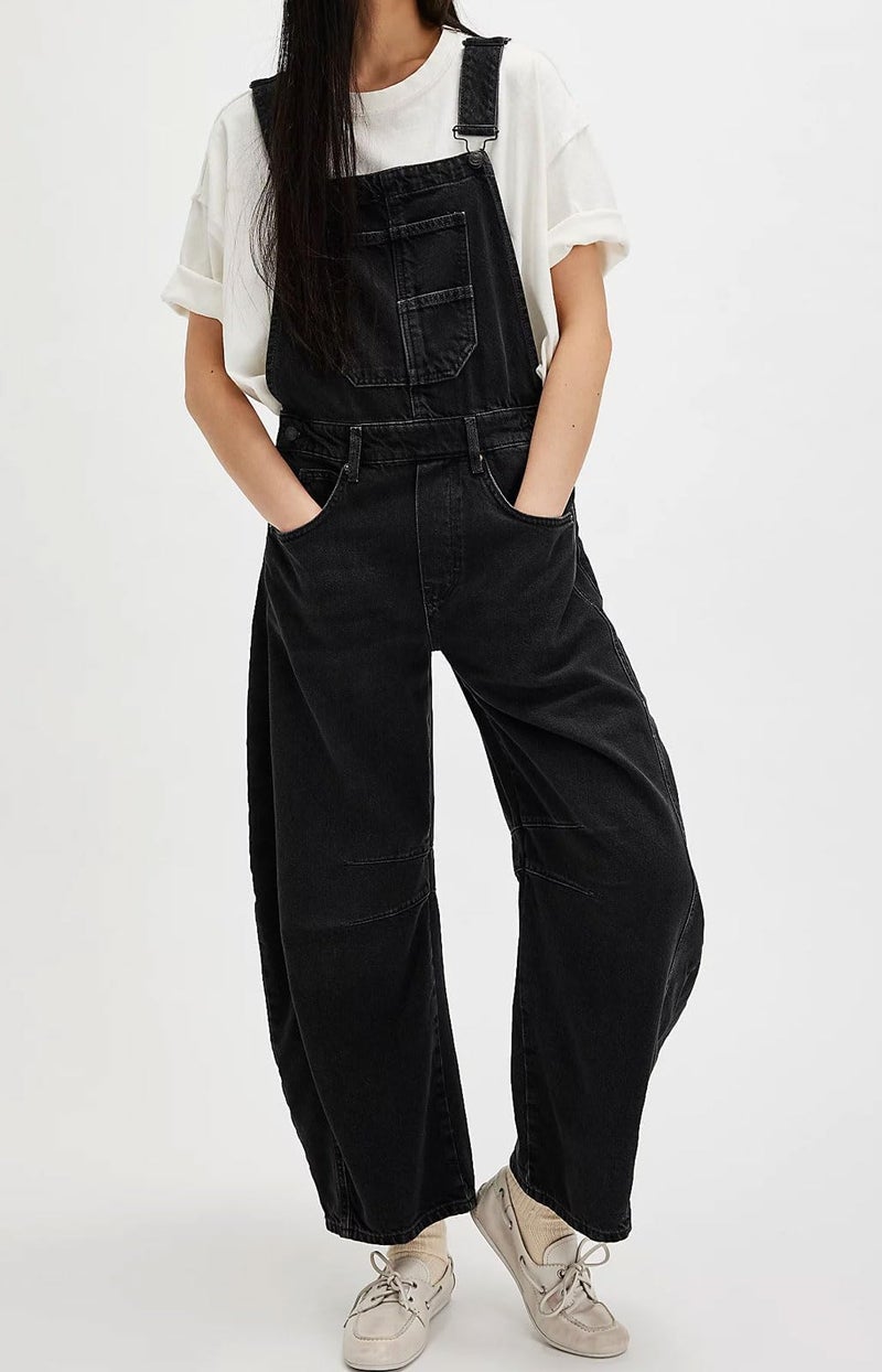 yoeasy Womens Denim Bib Overalls Barrel Wide Leg Baggy Adjustable Strap Denim Pants Jumpsuits with Pockets (XX-Large, Black) - Image 2
