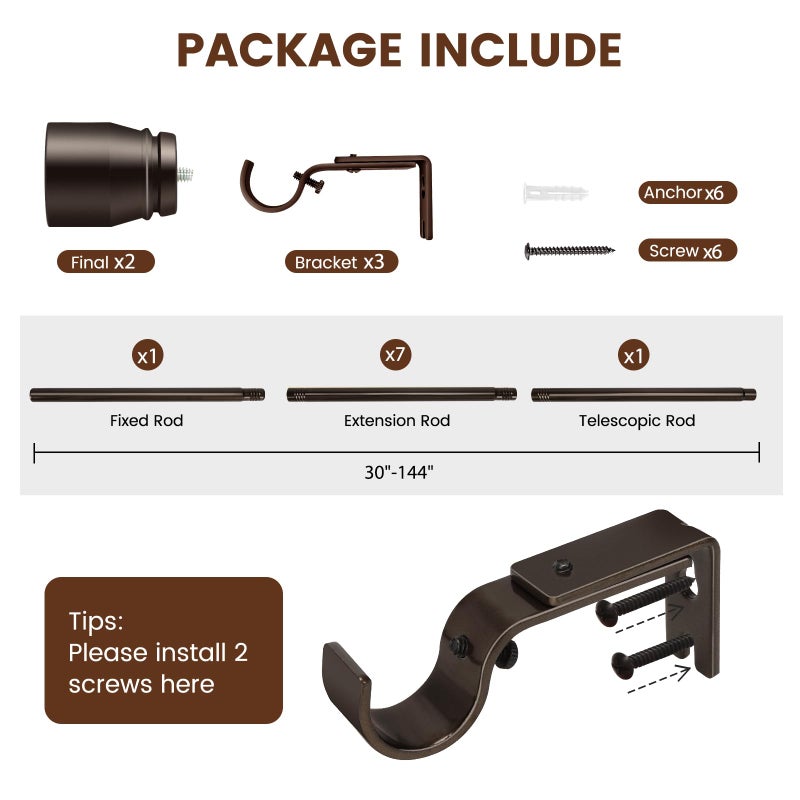 Hradecti 1â€ Diameter brown curtain rod Itself is 30 to 144 inch. 1 Pack Fits 30-142 inch, 66 to 120 inch Windows with Heavy Duty Adjustable brown curtain rods Splicing Metal Extra Long Curtain Rod - Image 2