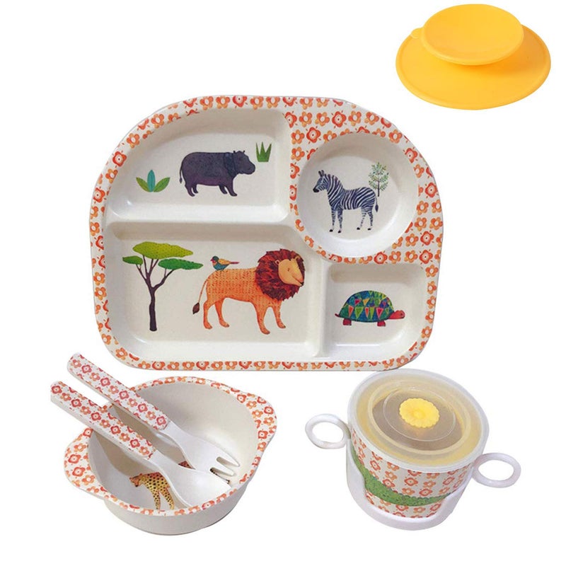 shopwithgreen 7PcsSet Bamboo Kids Dinnerware Set Children Dishes Food Plate Bowl Cup Spoon Fork Set Dishware Cartoon Tableware Dishwasher Safe Kids Healthy Mealtime BPA Free