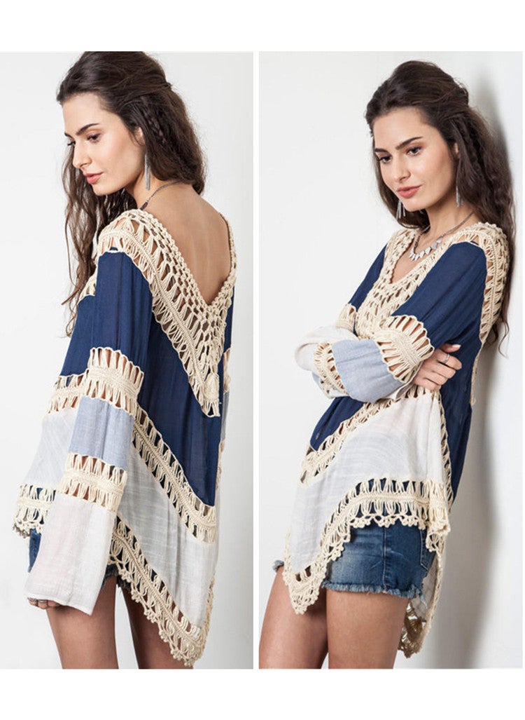 Generic Cross-border Explosions Bohemian Inter-color Loose Beach Blouse Long-sleeved Hollow Hand Crochet Knitted Shirt Sunscreen Clothing Blue 
