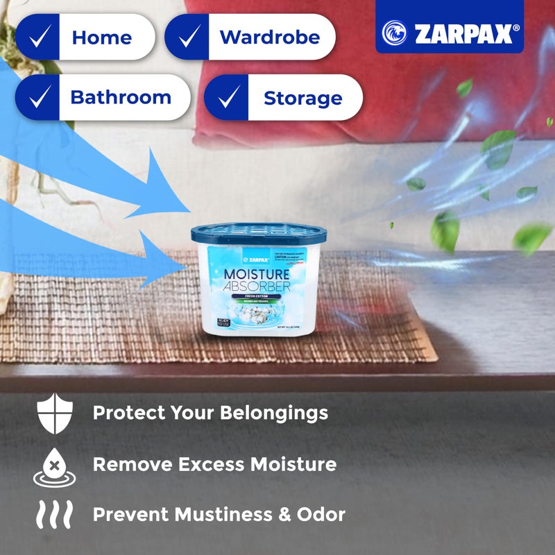 ZARPAX Moisture Absorber Fresh Cotton 10.5 oz/300g | Removes Moisture, Damp & Humidity | Odor Absorber With Fresh Cotton Fragrance | Moisture Trap for Bathroom, Closet, Kitchen | Set of 4 - Image 3