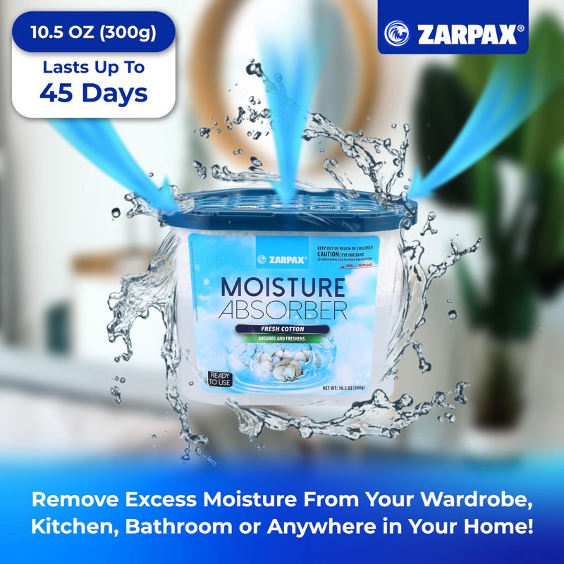 ZARPAX Moisture Absorber Fresh Cotton 10.5 oz/300g | Removes Moisture, Damp & Humidity | Odor Absorber With Fresh Cotton Fragrance | Moisture Trap for Bathroom, Closet, Kitchen | Set of 4 - Image 2