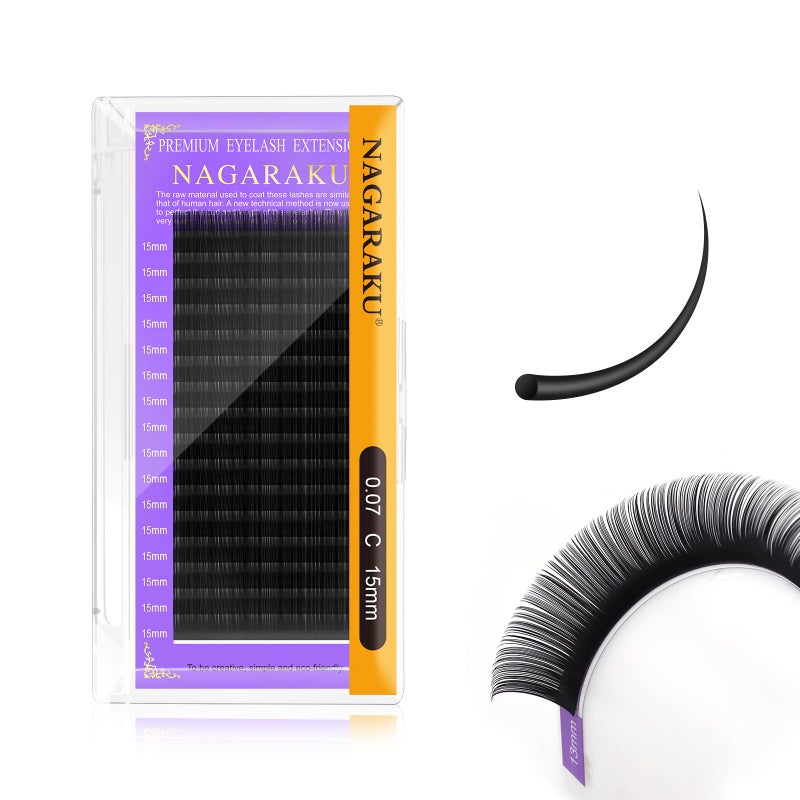 NAGARAKU Eyelash Extensions Individual Lashes 007mm C curl 15mm Classic Matte Black Soft Natural Professional 16 rows Beauty Salon Supplies