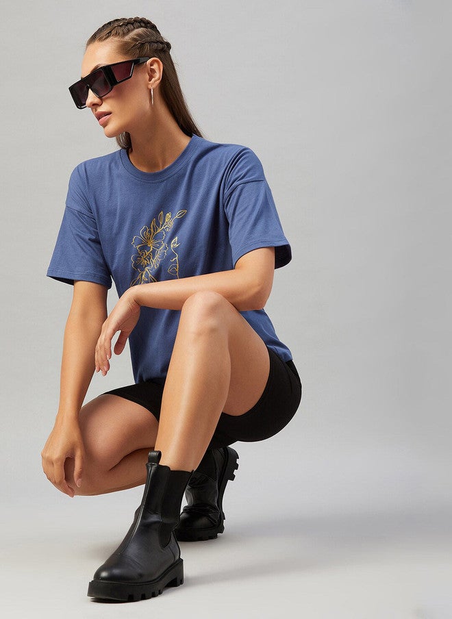 CHIMPAAANZEE Women Blue Solid Floral Print Drop Shoulder T-shirt - Image 5