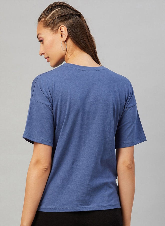 CHIMPAAANZEE Women Blue Solid Floral Print Drop Shoulder T-shirt - Image 4