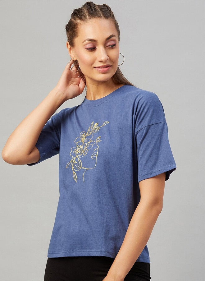 CHIMPAAANZEE Women Blue Solid Floral Print Drop Shoulder T-shirt - Image 1