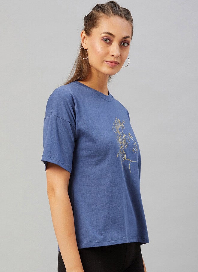CHIMPAAANZEE Women Blue Solid Floral Print Drop Shoulder T-shirt - Image 3
